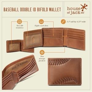 New House of Jack Co. Baseball Laces Bifold Wallet Men Two ID Windows Leather